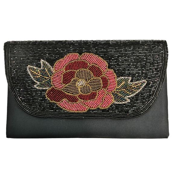 Vintage Beaded Rose 🌹 Clutch – La Regale 80s Satin Evening Bag - Picture 1 of 10